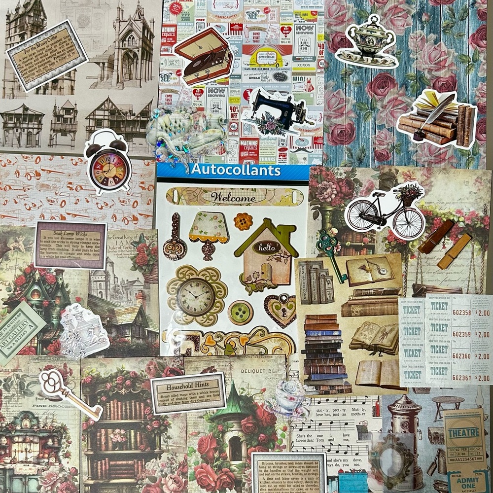 Home theme ephemera and paper craft kit, junk journal, scrapbook